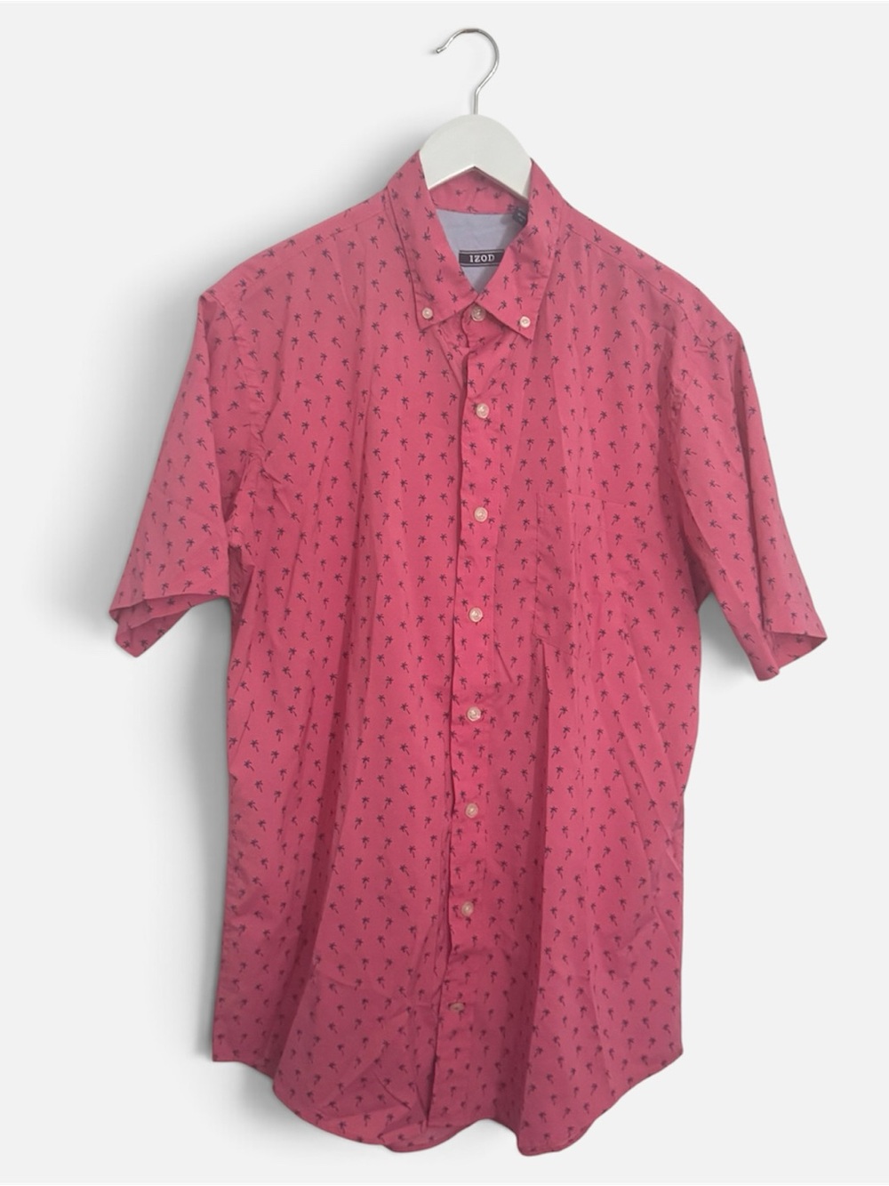 Izod LT Short-Sleeve Pink Button-Down Shirt with Tiny Palm Print